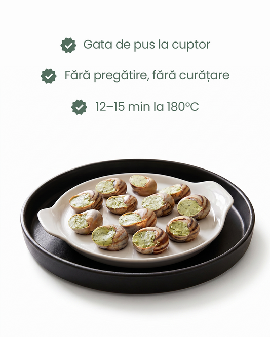Melci în cochilie cu unt, usturoi și pătrunjel, cunoscuți ca escargots